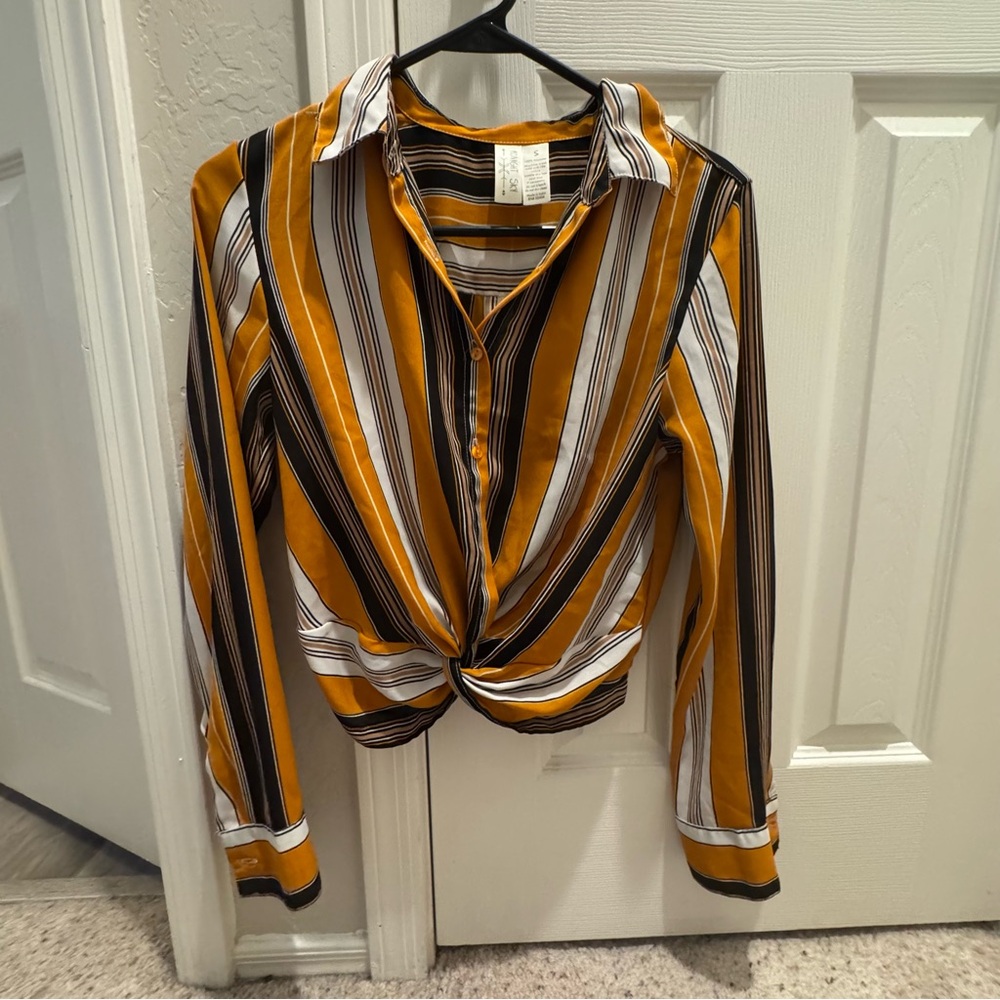 Striped Button-Up Blouse - Orange and Black